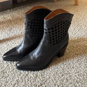 Lucky Brand Black Woven Leather Western Ankle Boots